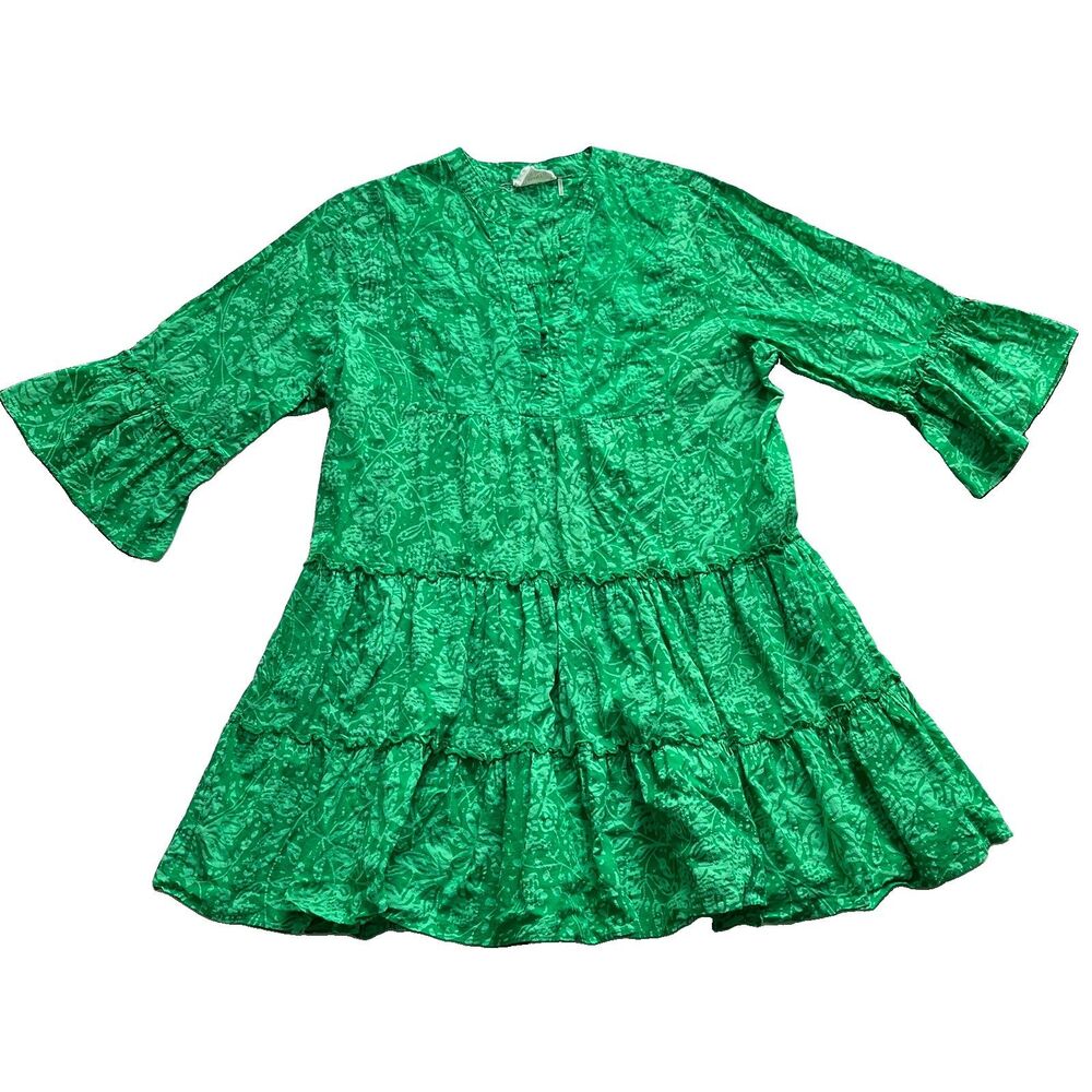 Tuckernuck Hyacinth House Quidnet Mini Dress Bell Sleeves Cotton Tiered Green XL